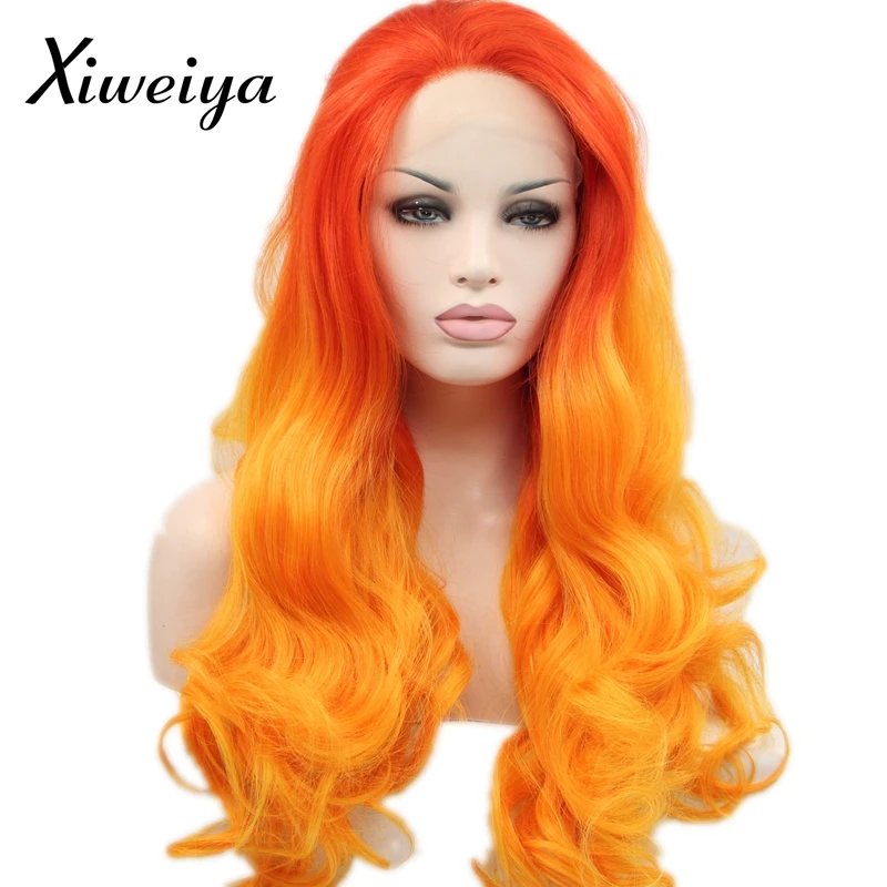 

Xiweiya Heat resistant synthetic lace front wig for women ombre orange to yellow long wavy soft wig free part drag queen wig