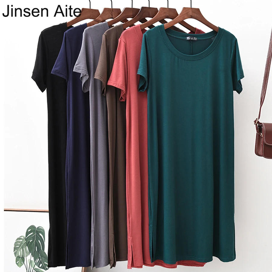 

Jinsen Aite 2019 New Summer Modal Women Dress Solid Color Short-sleeved Large Size Long Casual A-line Female Dresses JS798