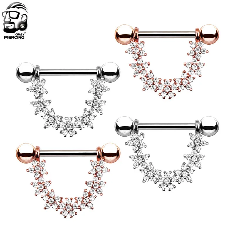 

Fashion Summer Style Rose Gold Flower Nipple Piercing, Sexy Bar Rings Jewelry Creative Punk Body Jewellery Women Gift 2 Pcs