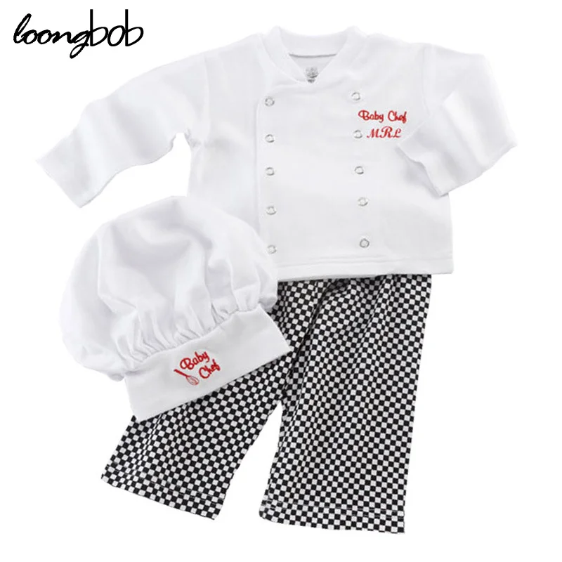 

Cute Baby Infant high qualit Toddler Chef Cotton Costume 3 Piece Clothes Hat+ White Top + Plaid Pants for Newborn Boys Suits HOT