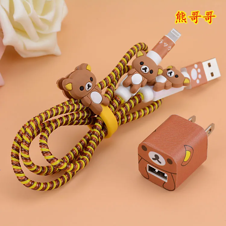 

2017 Cute Bear Cartoon USB Cable Earphone Protector Set with Cable Winder stickers Spiral Cord protector For iphone 5 6 6s 7
