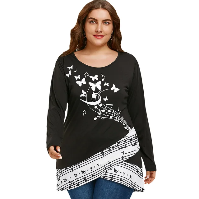 gamiss plus size musical notes butterfly print long sleeve t shirt women s plus size long sleeve t shirts