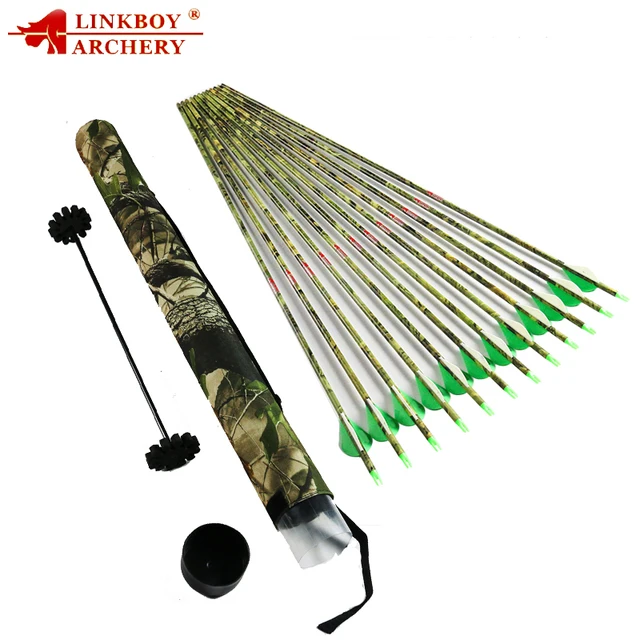  US $69.14 Linkboy 12Pcs Archery Spine400 Camo Carbon Arrows Vane Arrow Nocks 1pcs Arrow Holder Tube 