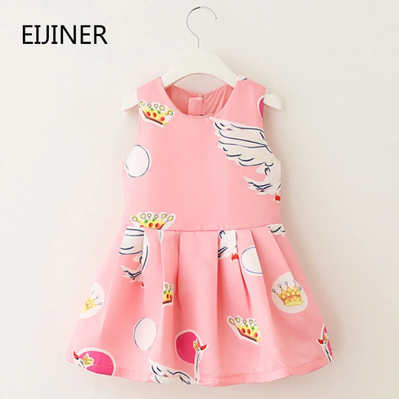 

2015 New Brand Autumn Baby Girls Dress Sleeveless Print Swan Princess Dress Children Clothing A-Line Casual Kids Party Dresses