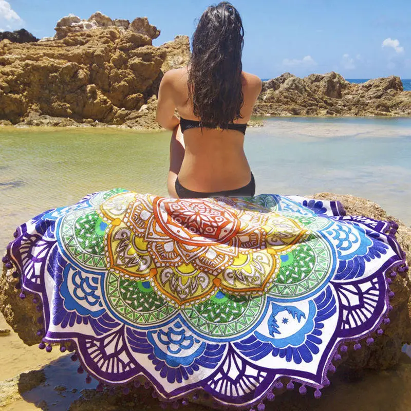 Новое круглое пляжное полотенце Мандала индийский накидка пляжное полотенце-мат для пляжа шаль йога коврик Лето Письмо саронг плащ купальный костюм