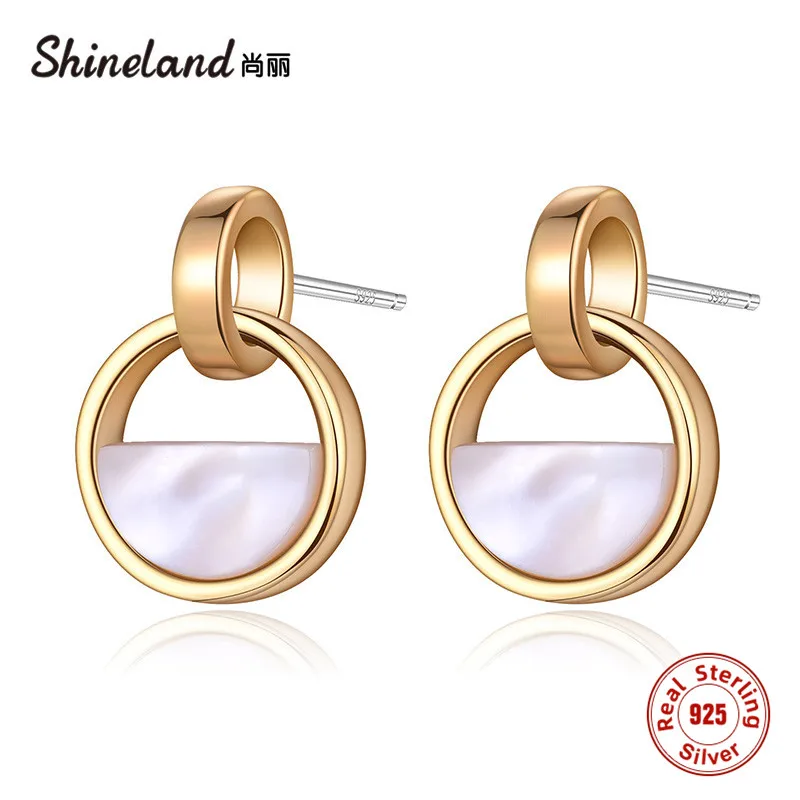 

Shineland 925 Sterling Silver Earrings Round Design Shell Accessories Gold Color Stud Earrings Women Fine Jewelry