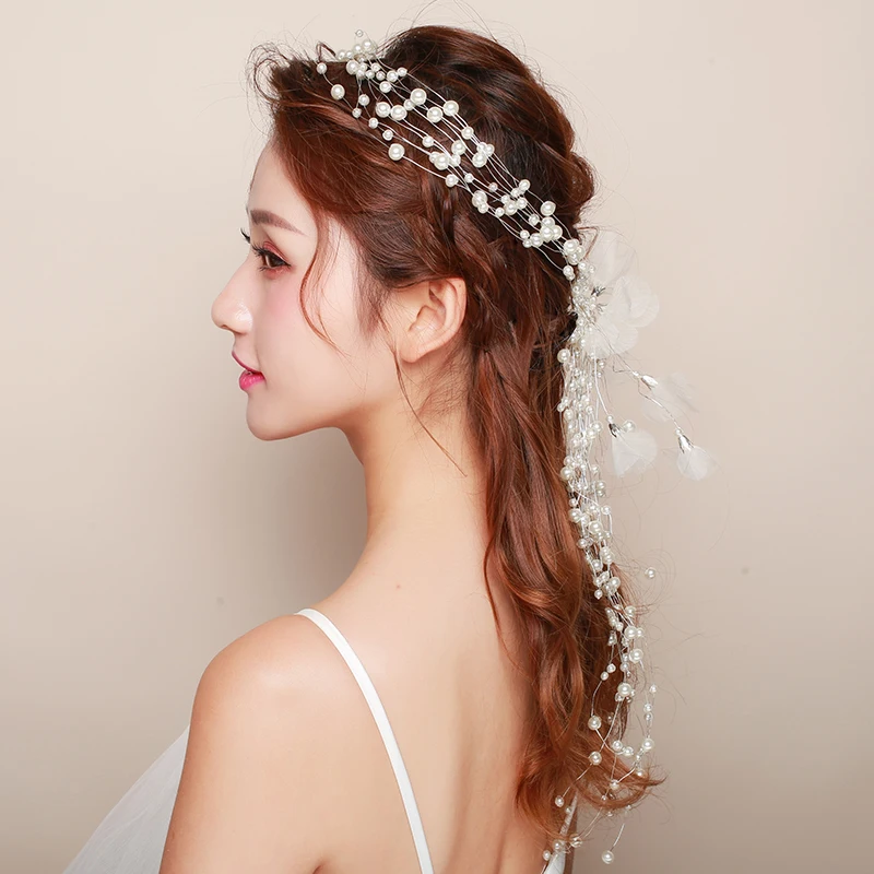 

Romantic Korean Wedding Headpiece Hair Accessories Simulated Pearls Yarn Flower Headdress Butterfly Necklace Choker Handmade