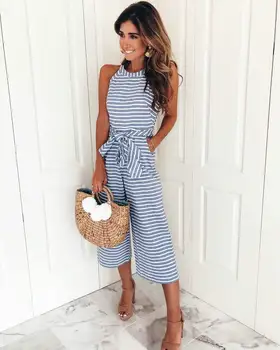 

2018 New Women Sexy Sleeveless Jumpsuits Striped Playsuits Bodysuits Trousers Fashionable Leotard Pants Wide Leg Cami Jumpsuit