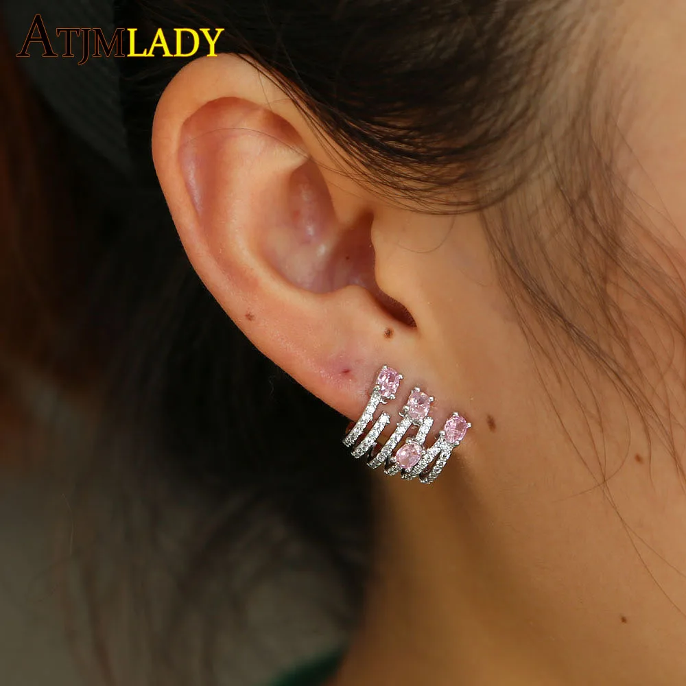

New Brinco 2018 High Quality Sparkling Pink Cz Paved Earring Stud Silver color Delicate Stackable Hoops Fashion Women jewelry