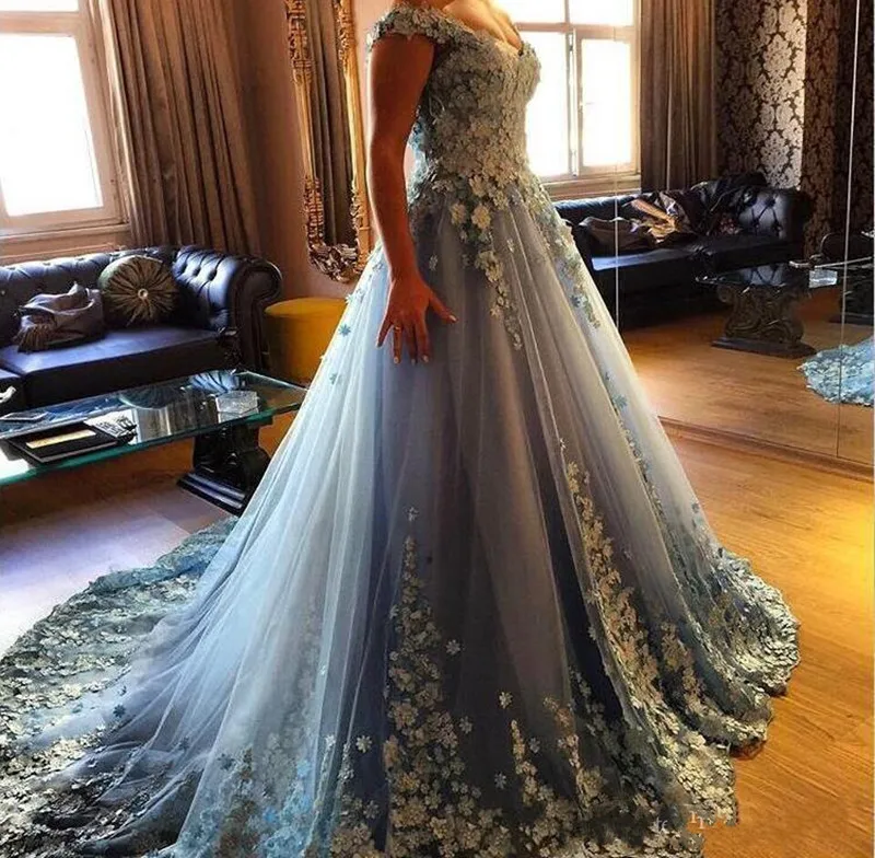 

Well-Designed Evening Gowns With 3D Floral Appliques V-Neck Backless Lace Up Back Sweep Train Customized Formal Prom Dresses
