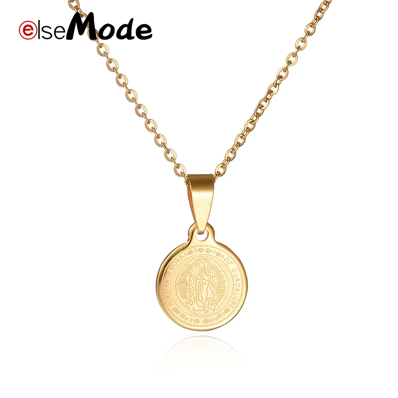 

ELSEMODE 2018 New Fashion Stainless Steel Coin Necklace Christian Mary Gold Chain Maxi Necklace For Women Jewelry