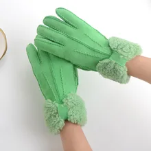 Зимние кожаные перчатки из овчины, меховые женские зеленые перчатки для верховой езды
