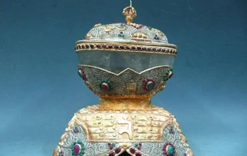 

Tibet Silver inlay ruby beryl crystal kapala skull cup