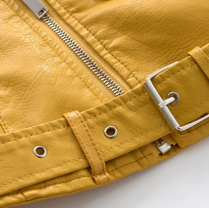 Promo 2019 Spring Bright Yellow Women PU Leather Jackets Zipper Leather Coat Turn-down Collar Female PU J