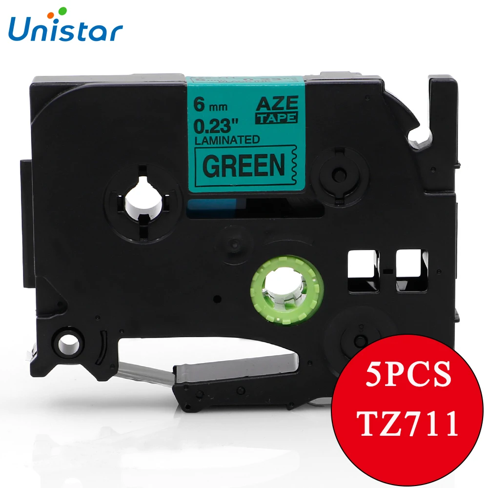 Unistar 5 шт. P-touch Tape 6 мм x 8 м (1/4 x26 &quot) Совместимость с Brother TZe черный на зеленом TZ-711 TZe-711