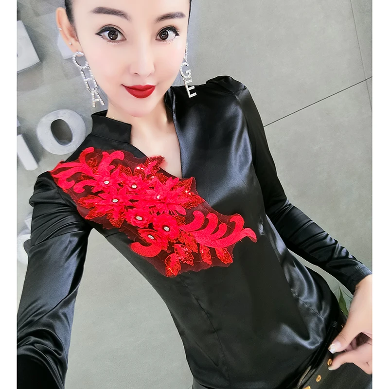 

European Slim Patchwork Mesh Embroidery Tshirt 2019 New Autumn Winter Women Top Clothes Shirt Camiseta Mujer Streetwear T97613