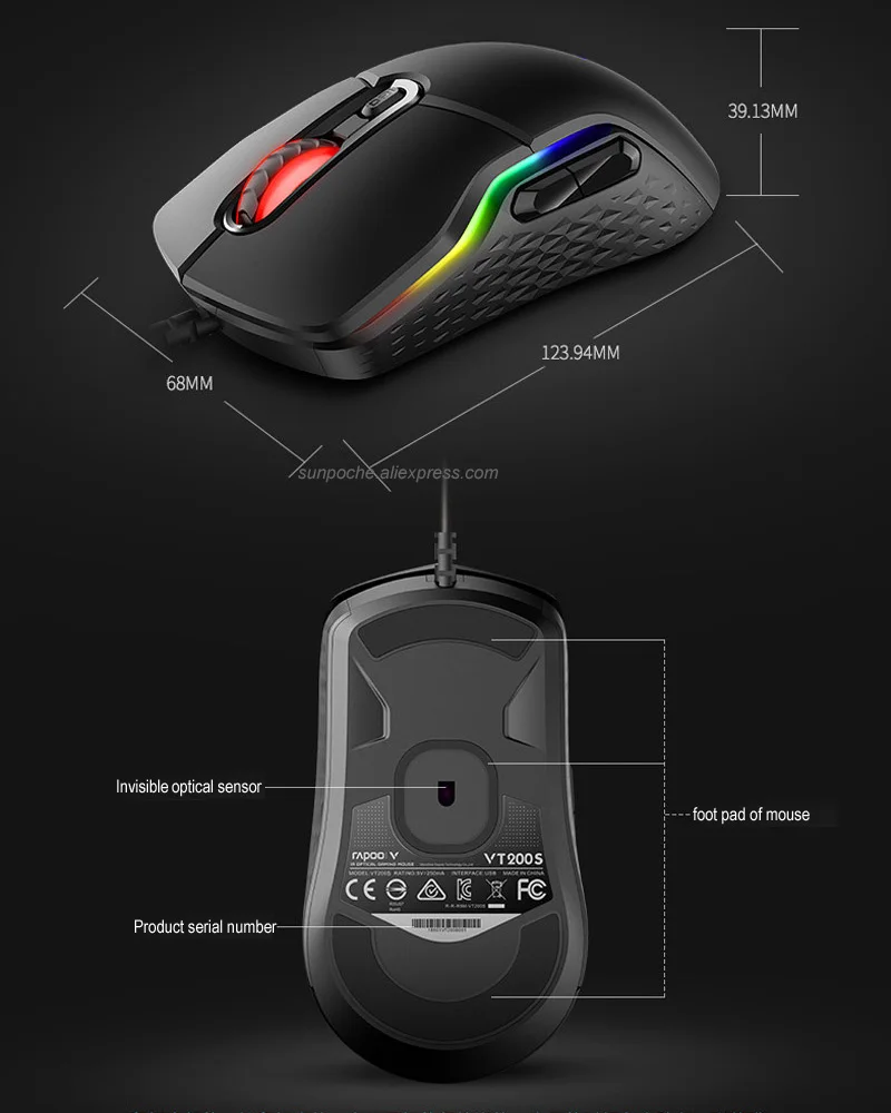 Rapoo Wired Gaming Mouse Mice 16000DPI 400IPS IR Optical Sensor VT Customizable Chip RGB Backlit 8 Programmable Keys Ergonomic