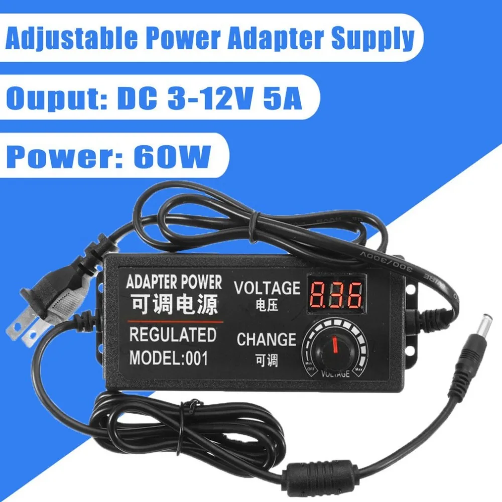 

3-12V 5A 60W AC/DC Adjustable Power Supply Adapter LED Digital Display Speed Control Volt Multifunction Regulator US Plug