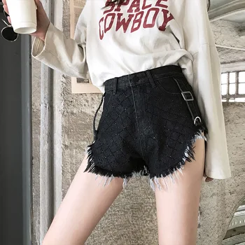 

2019 Spring Summer New Women's Heavy Industry Irregular Jeans Shorts Female High Waist Tassel Drilling Denim Shorts