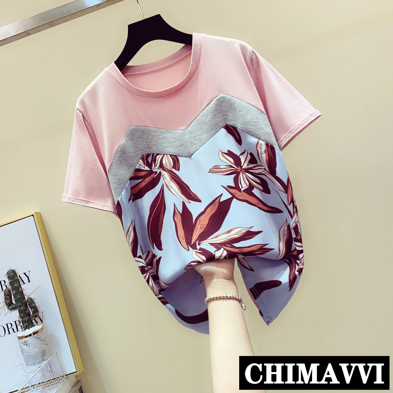 

2019 Summer New Korean Simple Flowers Printed Splicing Irregular Short-sleeved T-shirts Student Girls Loose Tshirt Leisure Tops