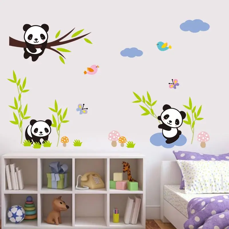 Cartoon Forest Pandas Bamboo Wall Stickers Birds Tree Kids Room Baby Nursery Room Decor Bedroom Mural Art Pvc Decal 30*90cm*2