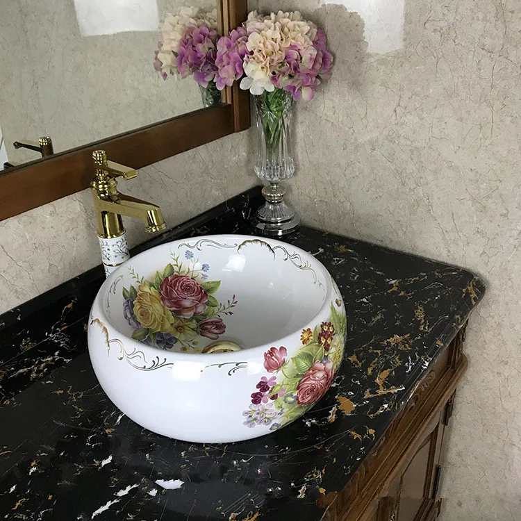 Porcelain Bathroom ceramic counter top sink Round wash basin Ceramic Lavabo Bathroom Vessel Sinks Sink Bowl peony pattern (3)