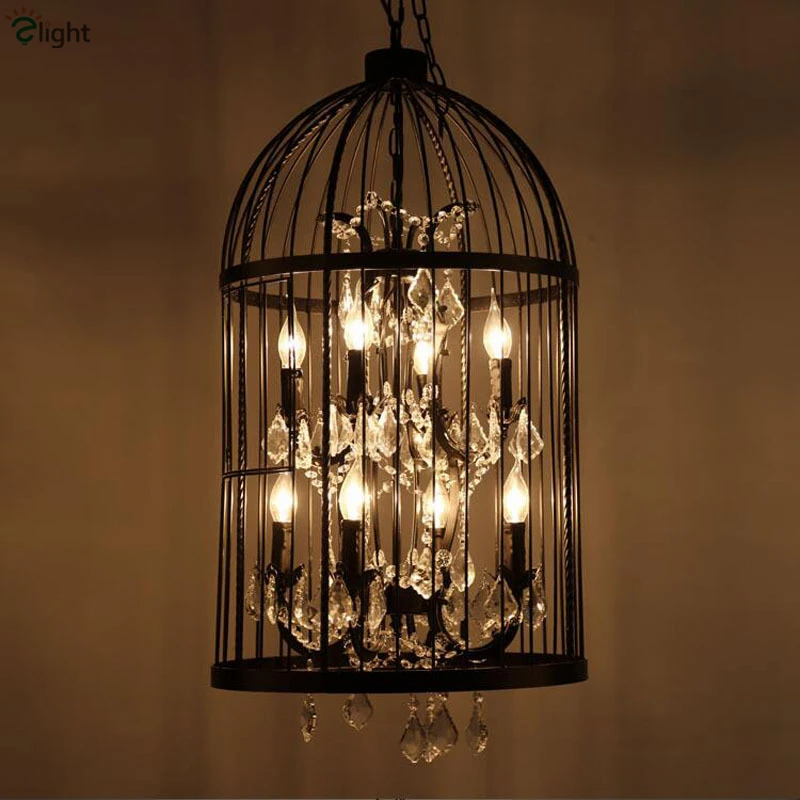 

Dia35/45cm American Vintage Industrial Loft Painted Birdcage Pendant Light Indoor Lustre K9 Crystal Bar Led Pendant Light