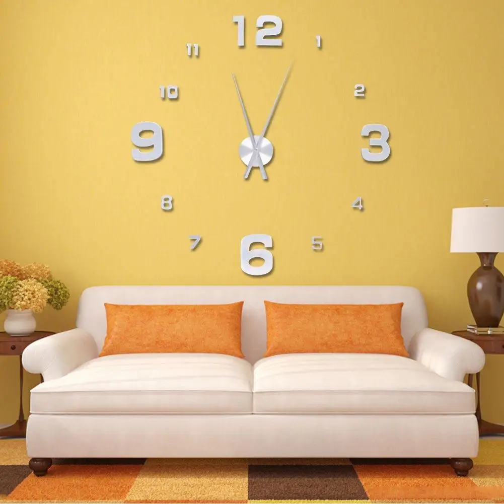 3D Big Size Wall Clock Silver Fashion Mirror Surface Stickers DIY