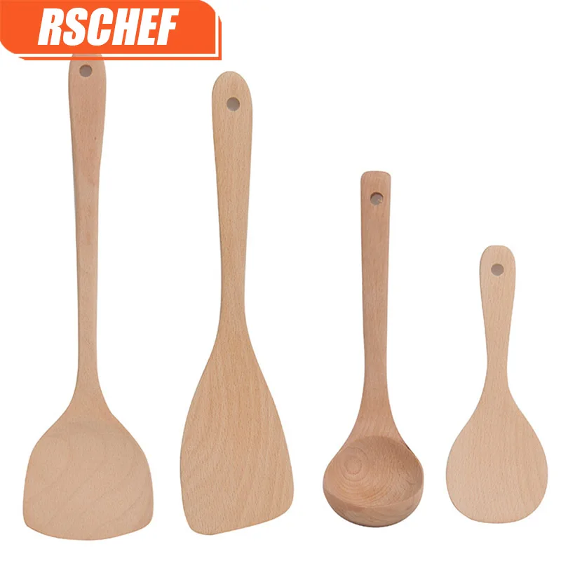 RSCHEF 1 Set 4 pieces Handle Wooden Shovel Nonstick Cooking Shovel