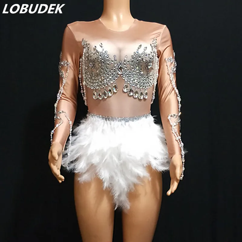 

Nightclub Party Show Sexy Stage Wear Sparkly Rhinestones Feathers Bodysuit Bar DJ Singer Pole Dancing Costumes Elastic Leotard