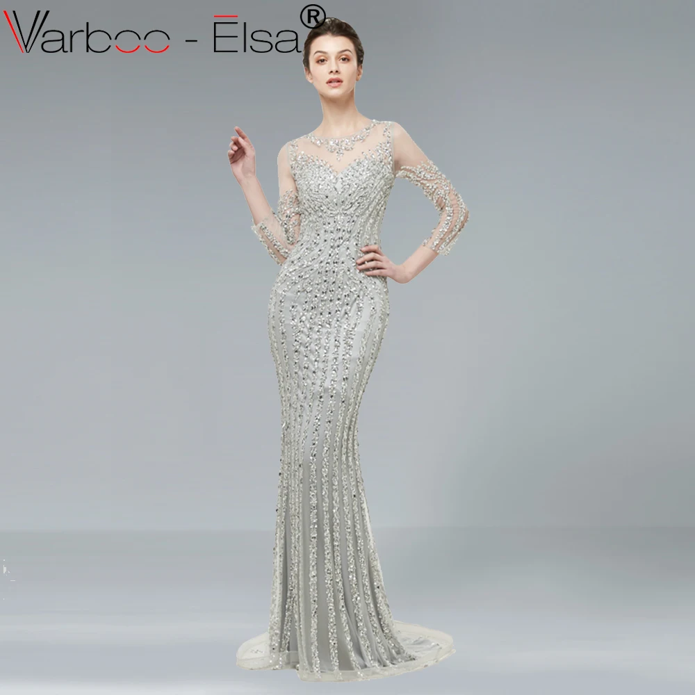 

VARBOO_ELSA 2018 New Elegant Sliver Lace Evening Dress Long Sleeve Mermaid Prom Dress vestido de festa Luxury Beading Party Gown