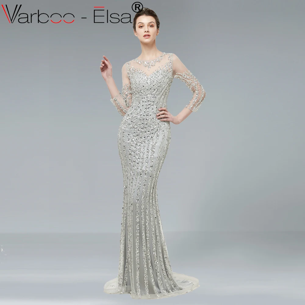 VARBOO_ELSA 2018 Новое Элегантное серебряное кружевное вечернее платье с длинным