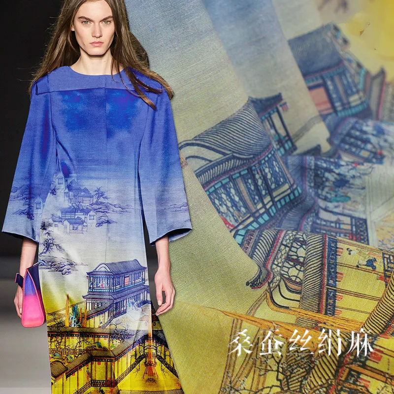 

130cm wide silk linen fabric 35mm pavilion printing silk ramie silk linen blend fabric silk cloth material retro