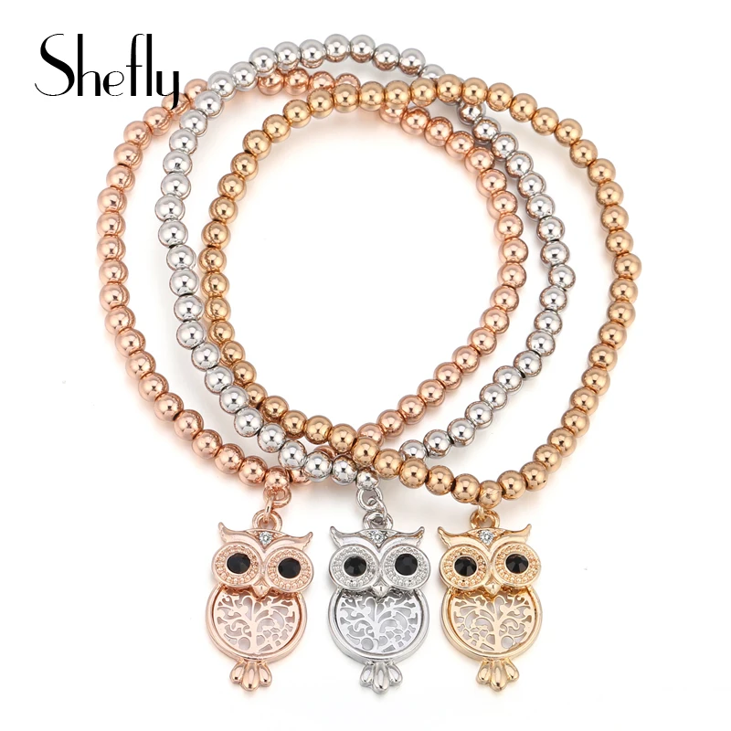 

Cute Owl Charm Bracelets With Stones Gold Rose Color Crystal Hollow Tree Beads Chain Women Couple Best Friend Fashion Jewelry