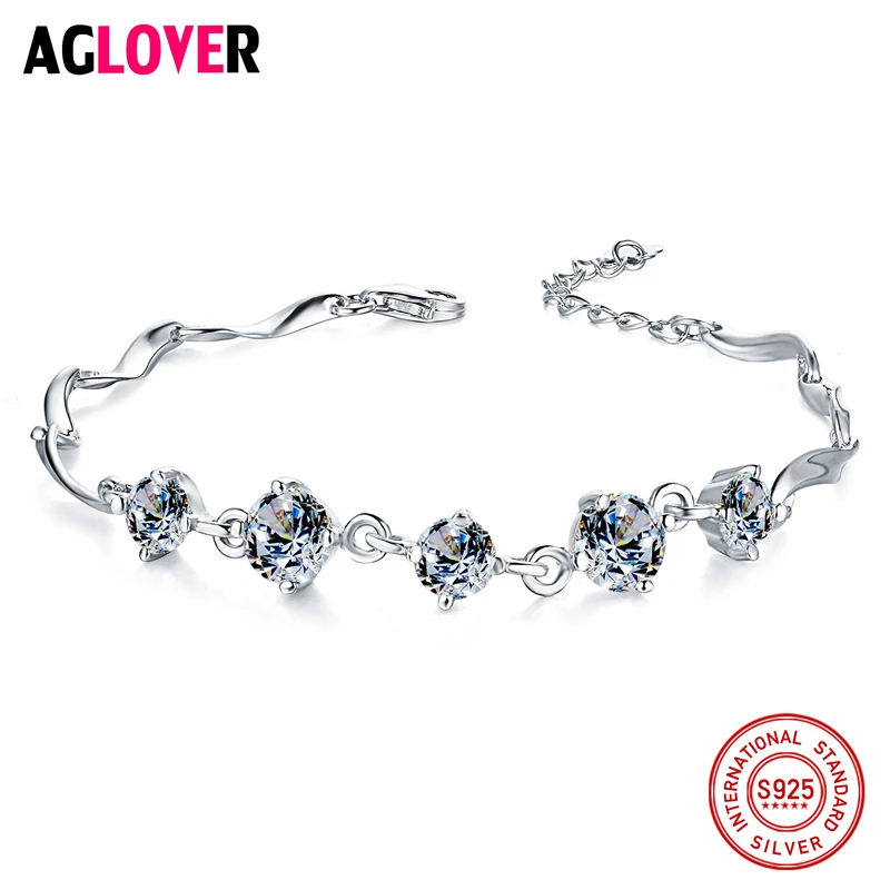 

925 Sterling Silver Bracelets Elegant Simple Design Round Cut Cubic Zircon Bracelet Charming Bangle for Women Wedding