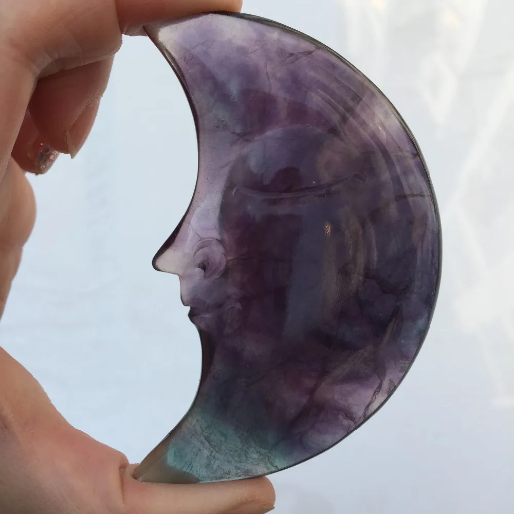 Красивый большой размер Природный Флюорит кристалл луна лицо ручной резной и полированный редкий драгоценный камень коллекция украшений для дома
