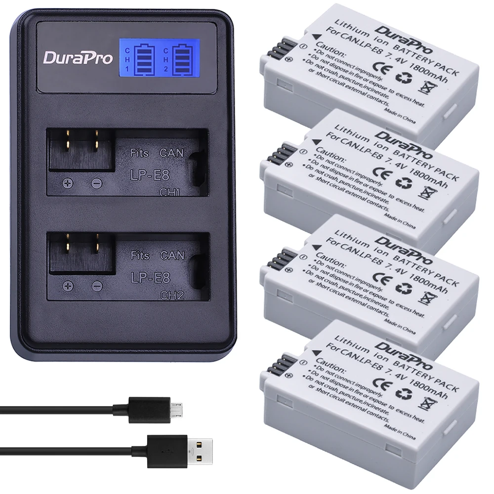 4pcs DuraPro LP E8 Digital Batteries Li ion LP E8 LPE8 Camera Battery LCD Dual USB