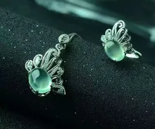 Natural green prehnite gem jewelry sets natural gemstone ring Pendant Earrings 925 silver Stylish butterfly women party jewelry