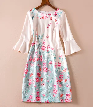 

New Women Flower Print Dress Elegant O-Neck Flare Sleeve Dresses