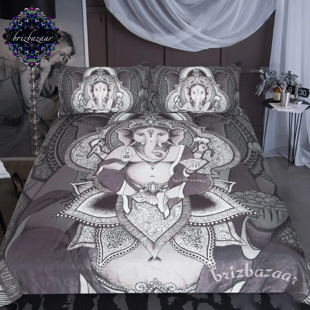 Brizbazaar طقم سرير بوهو الفيل حاف غطاء الهندي الله طقم سرير 3-قطعة العرقية الهندي رمز أغطية ملكة حجم