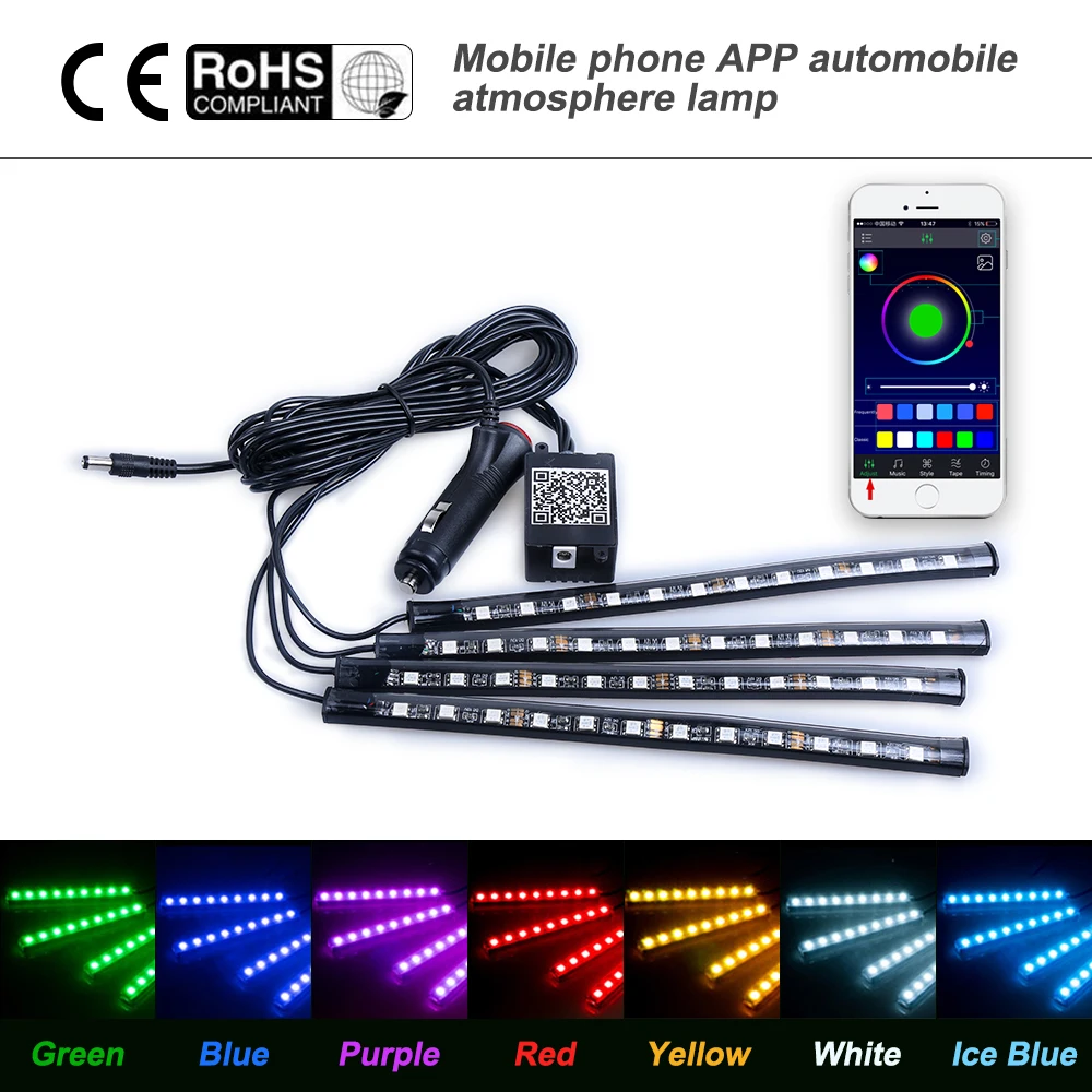 Car Wireless Remote/Music/Voice Control Interior Floor Foot Decoration Light Cigarette LED Atmosphere RGB  LED DRL Strip Light