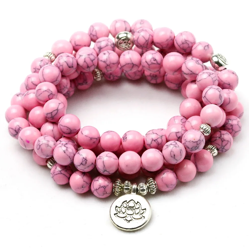 Розовый Камень Howlite исцеляющая чакра 108 молитвенные бусины мала браслет Женские