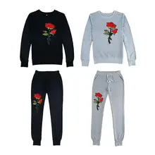 Европа и США ветер моды сто нарисовать веревки линии с розой Цветочная вышивка комплект спортивной одежды