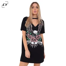 Women Sexy V Neck Dress Print Punk Rock N Roll Eagle Halter T Shirt Dress 2017 Short Sleeve Casual Loose Black Summer Mini Dress