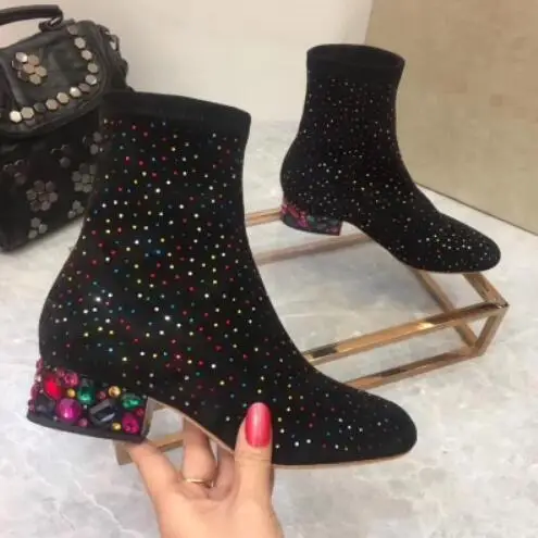 

Newest Hot Selling Crystal Cover Suede Mixed Colors Rhinestone Studs Square Heels Mid-Calf Women Botas Shoes Woman