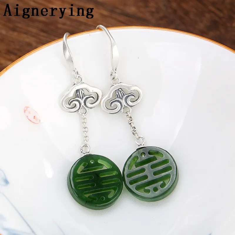 

Earings Vintage Natural Green Jade Ruyi Real 925 sterling Silver Cool Gift tray Supply with Box