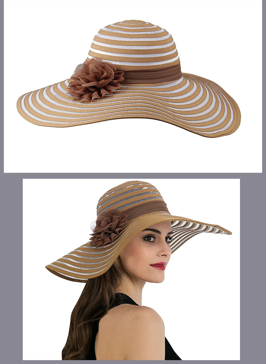 Lawliet Chapeau летние шляпы для женщин с широкими птицами Полосатые Шляпы дамские флоппи Кентукки Дерби пляжные шляпы с цветком от солнца пляжная кепка T238