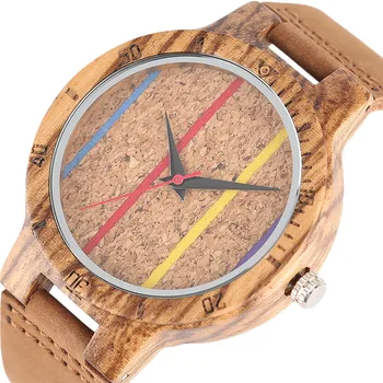 

Handmade Nobby Rainbow Stripes Wood Watches Man Nature Bamboo Casual Quartz Wristwatch Genuine Leather Strap Sport Creative Gift