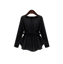 2018 Autumn Women Long Sleeves Tunic Blouse Tops Solid Shirts Lace up Ruffle Cotton Linen Clothes