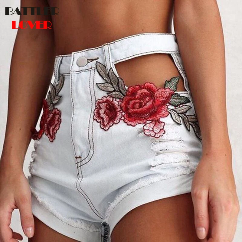 2019 Rose Embrioderry Short Jeans Womens Pierced High Waist Jeans Women Femme Sexy Summer Shorts Lady Female Mujer Casual Shorts